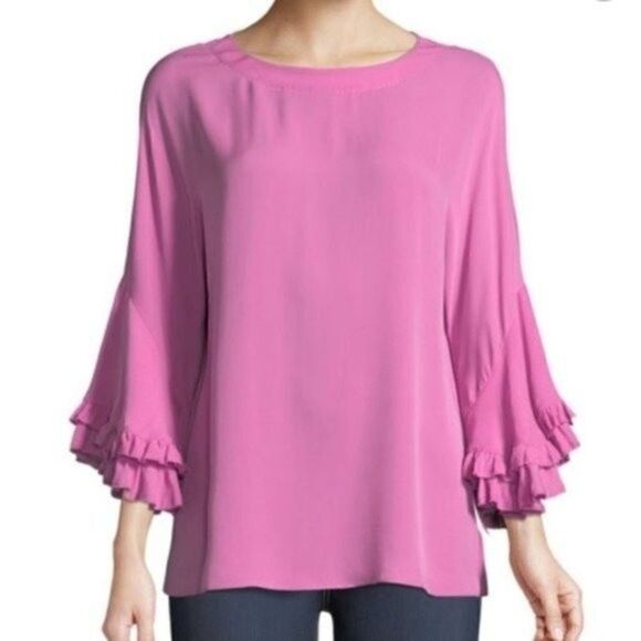 A New Day Sheer purple top long sleeve ruffle L BoxQ - Picture 1 of 9